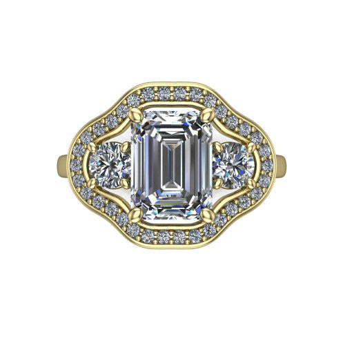 Makayla emerald-cut three-stone halo engagement ring in 14K Yellow Gold, top-down view showing the emerald-cut center diamond and two side stones framed by individual pave halos
