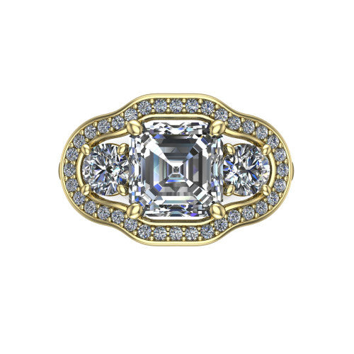 Makayla square emerald-cut three-stone halo engagement ring in 18K Yellow Gold, top-down view showing the square emerald-cut center diamond and two side stones framed by individual pave halos