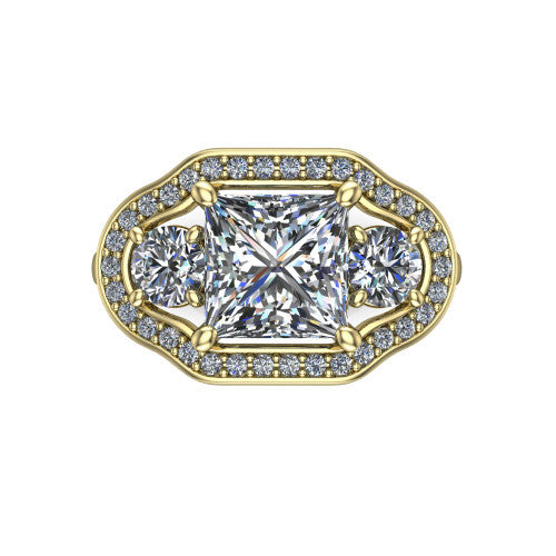 Makayla princess-cut three-stone halo engagement ring in 14K Yellow Gold, top-down view showing the princess-cut center diamond and two side stones framed by individual pave halos
