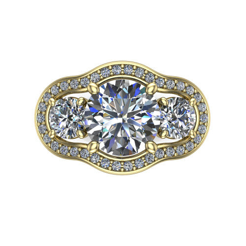 Makayla round three-stone halo engagement ring in 18K Yellow Gold, top-down view showing the round center diamond and two side stones framed by individual pave halos