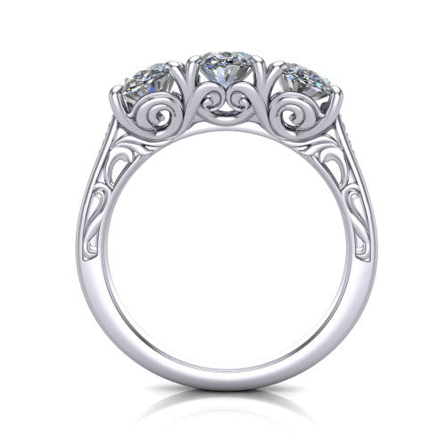 Navy oval three stone engagement ring in 18K White Gold, through-finger front profile showing the filigree scroll gallery beneath the three stones