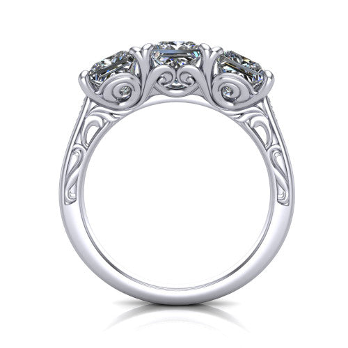 Navy princess three stone engagement ring in 14K White Gold, through-finger front profile showing the filigree scroll gallery beneath the three stones