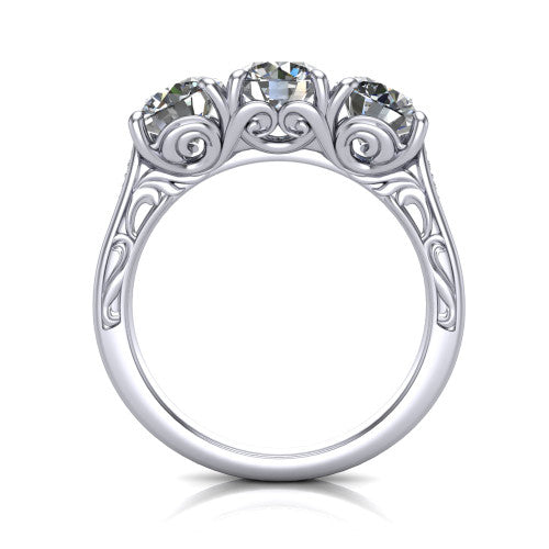 Navy round three stone engagement ring in 18K White Gold, through-finger front profile showing the filigree scroll gallery beneath the three stones