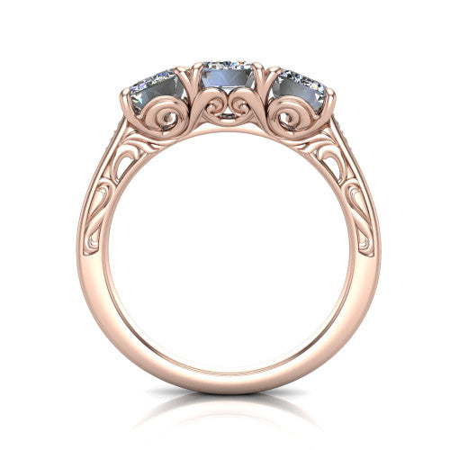 Navy emerald three stone engagement ring in 14K Rose Gold, through-finger front profile showing the filigree scroll gallery beneath the three stones