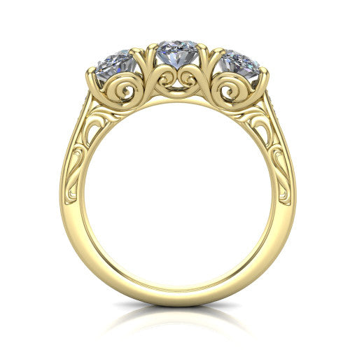 Navy oval three stone engagement ring in 14K Yellow Gold, through-finger front profile showing the filigree scroll gallery beneath the three stones