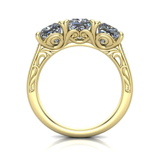 Navy princess three stone engagement ring in 14K Yellow Gold, through-finger front profile showing the filigree scroll gallery beneath the three stones