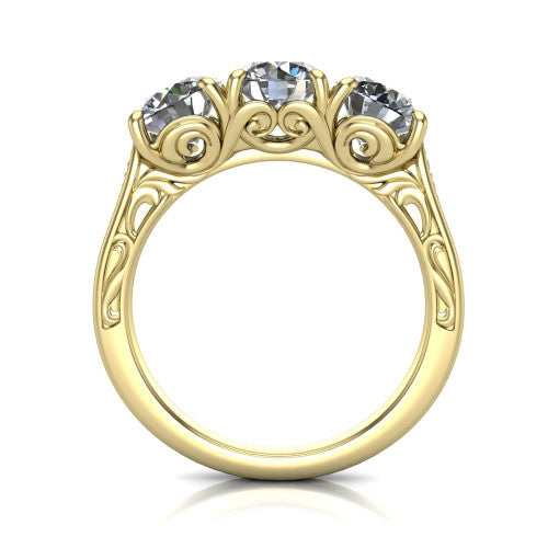 Navy round three stone engagement ring in 18K Yellow Gold, through-finger front profile showing the filigree scroll gallery beneath the three stones