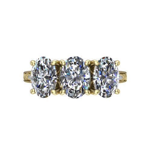 Navy oval three stone engagement ring in 14K Yellow Gold, top-down view showing the trio of oval stones set in a row