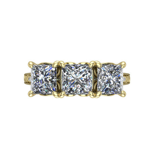 Navy princess three stone engagement ring in 14K Yellow Gold, top-down view showing the trio of princess stones set in a row