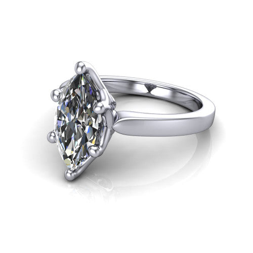 Alicia marquise classic solitaire engagement ring in 14K White Gold, three-quarter perspective showing the marquise center on six prongs above a plain polished band