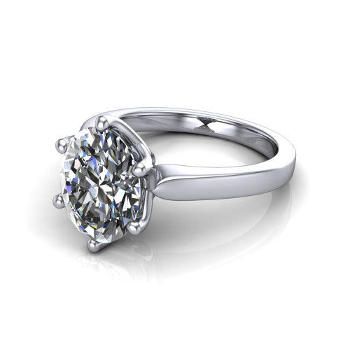 Alicia oval classic solitaire engagement ring in 18K White Gold, three-quarter perspective showing the oval center on six prongs above a plain polished band