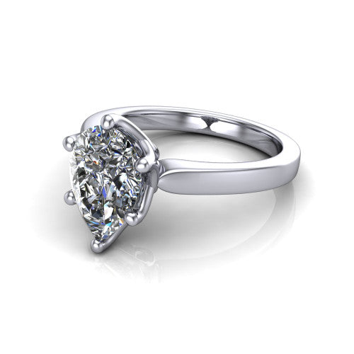 Alicia pear classic solitaire engagement ring in Platinum, three-quarter perspective showing the pear center on six prongs above a plain polished band