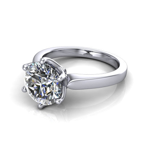 Alicia round classic solitaire engagement ring in 18K White Gold, three-quarter perspective showing the round center on six prongs above a plain polished band