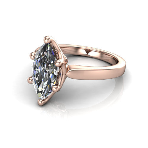 Alicia marquise classic solitaire engagement ring in 18K Rose Gold, three-quarter perspective showing the marquise center on six prongs above a plain polished band