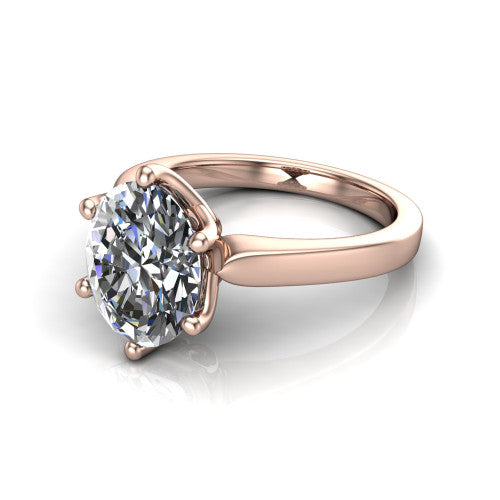 Alicia oval classic solitaire engagement ring in 18K Rose Gold, three-quarter perspective showing the oval center on six prongs above a plain polished band