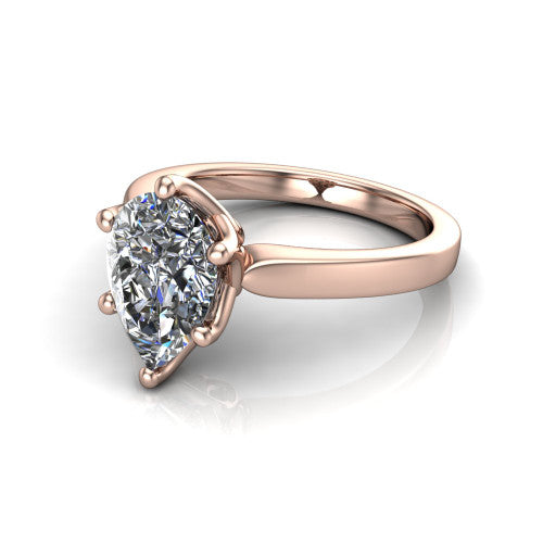 Alicia pear classic solitaire engagement ring in 14K Rose Gold, three-quarter perspective showing the pear center on six prongs above a plain polished band
