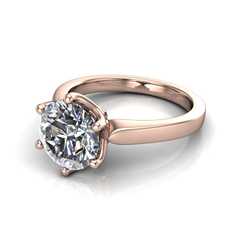 Alicia round classic solitaire engagement ring in 18K Rose Gold, three-quarter perspective showing the round center on six prongs above a plain polished band