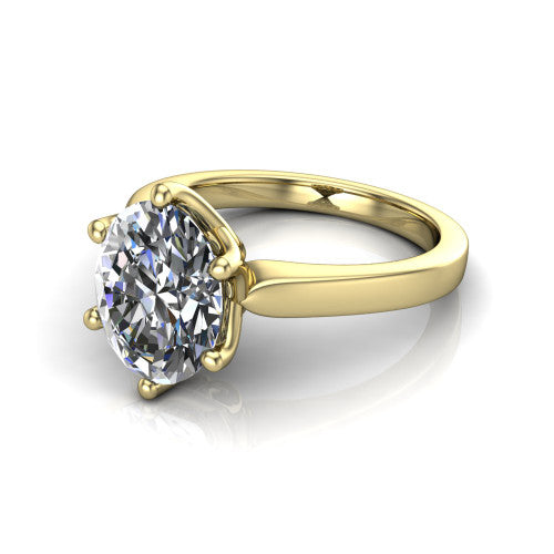 Alicia oval classic solitaire engagement ring in 14K Yellow Gold, three-quarter perspective showing the oval center on six prongs above a plain polished band