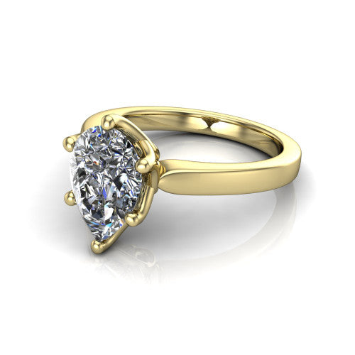 Alicia pear classic solitaire engagement ring in 14K Yellow Gold, three-quarter perspective showing the pear center on six prongs above a plain polished band