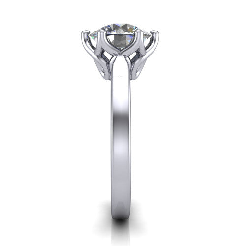 Alicia round classic solitaire engagement ring in 14K White Gold, side profile showing the plain polished band and the filigree gallery in profile