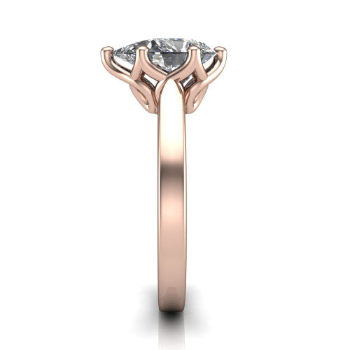 Alicia pear classic solitaire engagement ring in 18K Rose Gold, side profile showing the plain polished band and the filigree gallery in profile