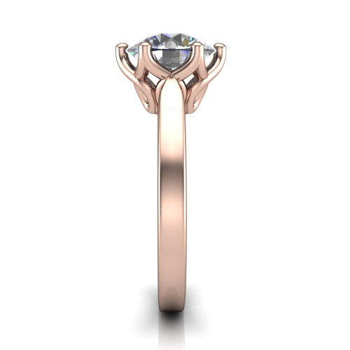 Alicia round classic solitaire engagement ring in 14K Rose Gold, side profile showing the plain polished band and the filigree gallery in profile