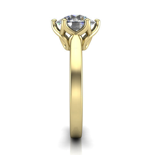 Alicia round classic solitaire engagement ring in 18K Yellow Gold, side profile showing the plain polished band and the filigree gallery in profile