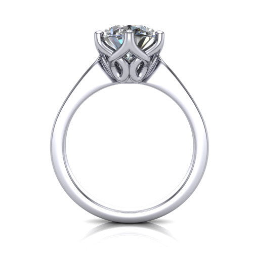 Alicia oval classic solitaire engagement ring in Platinum, through-finger front profile showing the filigree basket beneath the oval center