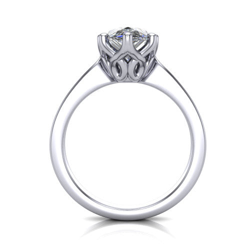 Alicia pear classic solitaire engagement ring in 18K White Gold, through-finger front profile showing the filigree basket beneath the pear center