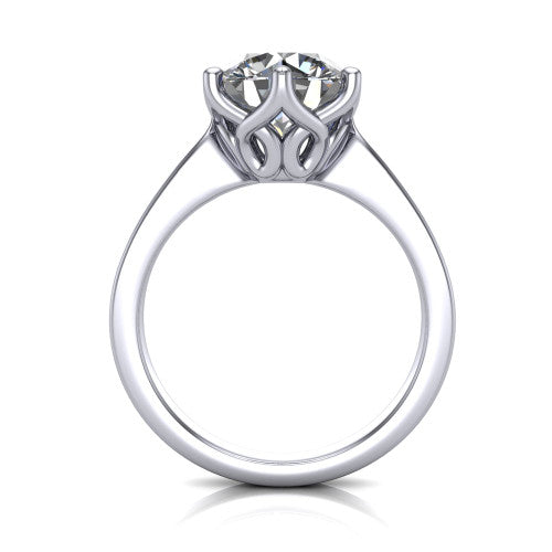 Alicia round classic solitaire engagement ring in 18K White Gold, through-finger front profile showing the filigree basket beneath the round center