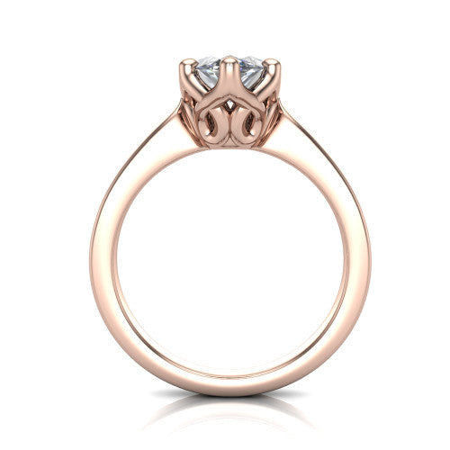Alicia marquise classic solitaire engagement ring in 14K Rose Gold, through-finger front profile showing the filigree basket beneath the marquise center