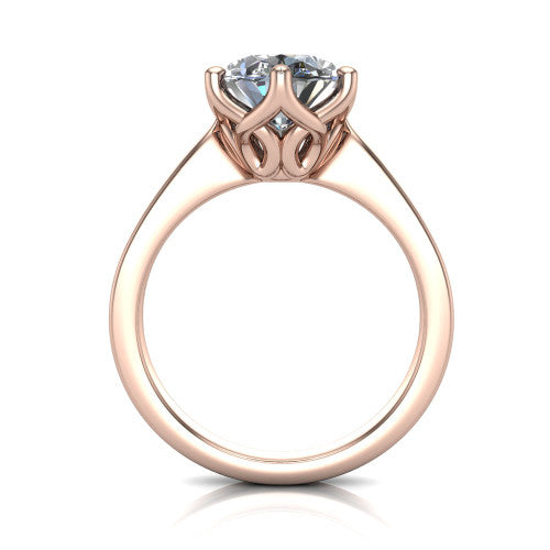 Alicia oval classic solitaire engagement ring in 14K Rose Gold, through-finger front profile showing the filigree basket beneath the oval center