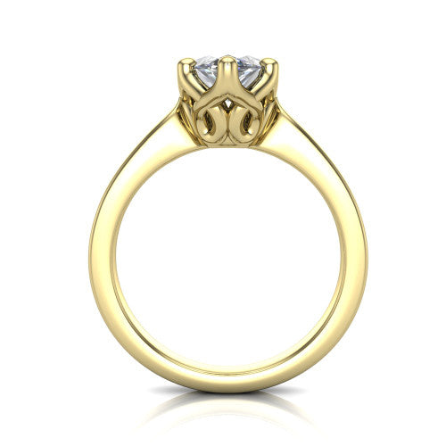 Alicia marquise classic solitaire engagement ring in 18K Yellow Gold, through-finger front profile showing the filigree basket beneath the marquise center