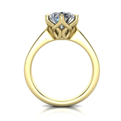 Alicia oval classic solitaire engagement ring in 14K Yellow Gold, through-finger front profile showing the filigree basket beneath the oval center