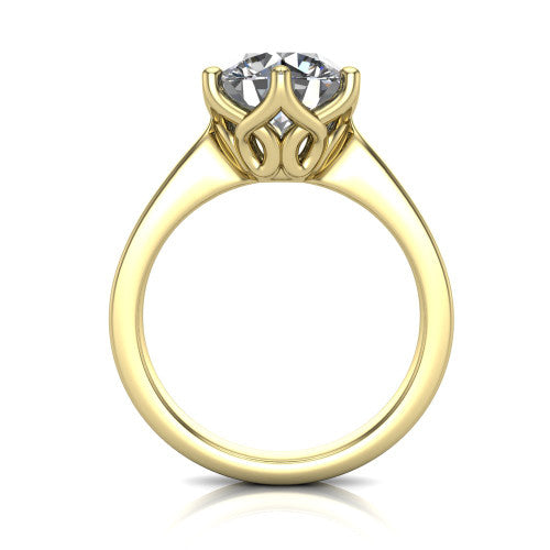 Alicia round classic solitaire engagement ring in 14K Yellow Gold, through-finger front profile showing the filigree basket beneath the round center