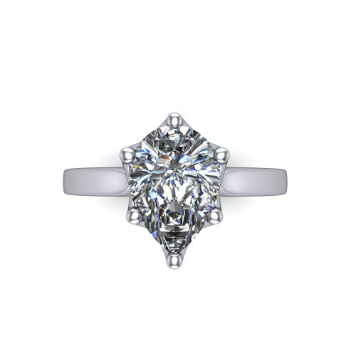 Alicia pear classic solitaire engagement ring in 18K White Gold, top-down view showing the six-prong pear solitaire center