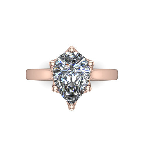 Alicia pear classic solitaire engagement ring in 14K Rose Gold, top-down view showing the six-prong pear solitaire center