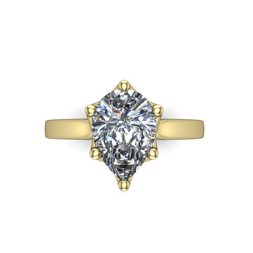 Alicia pear classic solitaire engagement ring in 18K Yellow Gold, top-down view showing the six-prong pear solitaire center