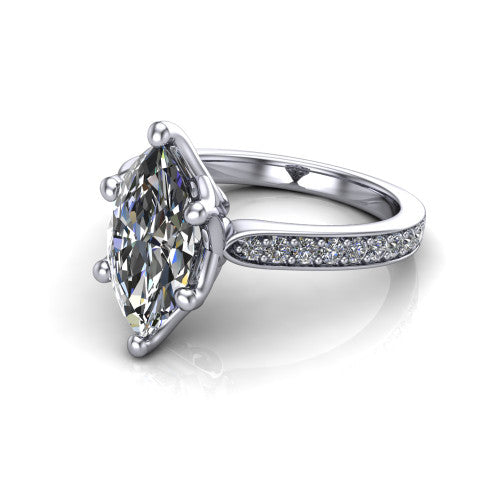 Annalise marquise classic solitaire engagement ring in 18K White Gold, three-quarter perspective showing the marquise center on six prongs above a pav&eacute; band