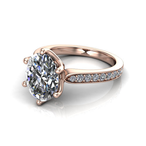 Annalise oval classic solitaire engagement ring in 14K Rose Gold, three-quarter perspective showing the oval center on six prongs above a pav&eacute; band