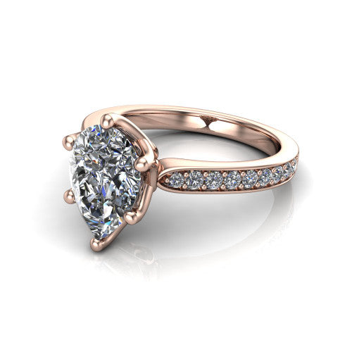 Annalise pear classic solitaire engagement ring in 14K Rose Gold, three-quarter perspective showing the pear center on six prongs above a pav&eacute; band