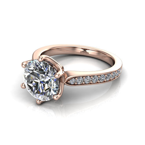 Annalise round classic solitaire engagement ring in 18K Rose Gold, three-quarter perspective showing the round center on six prongs above a pav&eacute; band