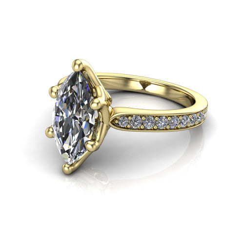 Annalise marquise classic solitaire engagement ring in 14K Yellow Gold, three-quarter perspective showing the marquise center on six prongs above a pav&eacute; band