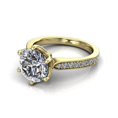 Annalise round classic solitaire engagement ring in 14K Yellow Gold, three-quarter perspective showing the round center on six prongs above a pav&eacute; band