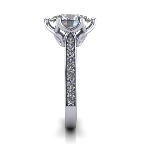 Annalise oval classic solitaire engagement ring in 14K White Gold, side profile showing the pav&eacute; band with milgrain edges and the filigree gallery in profile