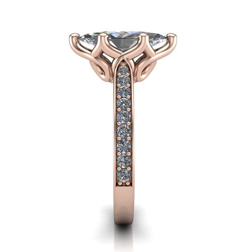 Annalise marquise classic solitaire engagement ring in 18K Rose Gold, side profile showing the pav&eacute; band with milgrain edges and the filigree gallery in profile