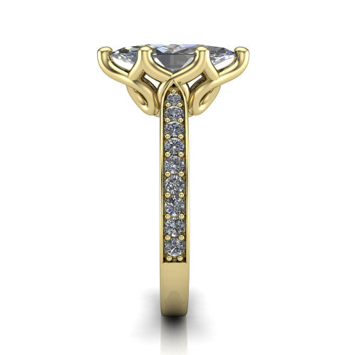 Annalise marquise classic solitaire engagement ring in 18K Yellow Gold, side profile showing the pav&eacute; band with milgrain edges and the filigree gallery in profile
