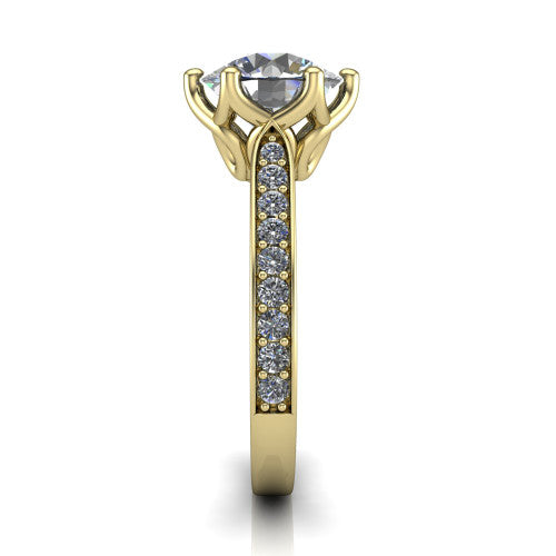 Annalise round classic solitaire engagement ring in 18K Yellow Gold, side profile showing the pav&eacute; band with milgrain edges and the filigree gallery in profile