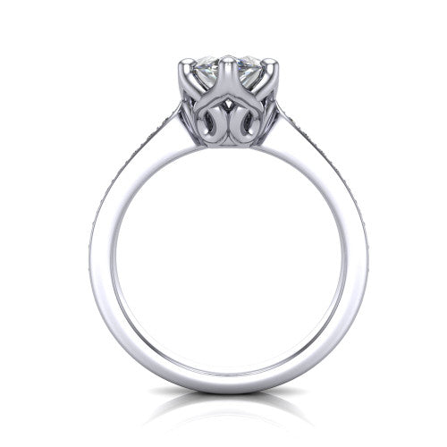 Annalise marquise classic solitaire engagement ring in 14K White Gold, through-finger front profile showing the filigree basket beneath the marquise center