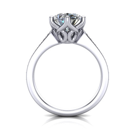 Annalise oval classic solitaire engagement ring in 18K White Gold, through-finger front profile showing the filigree basket beneath the oval center